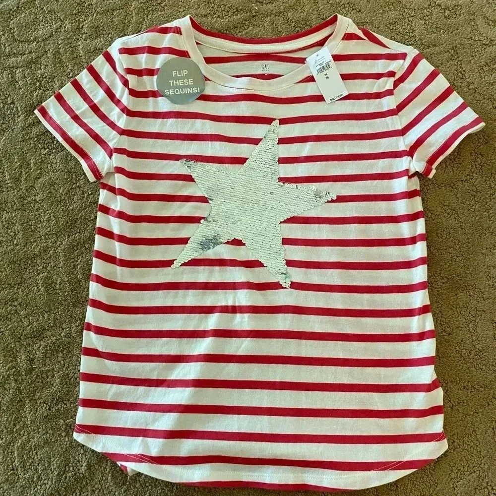 NWT gap red white stripe star flip sequin top medium new 4th of July